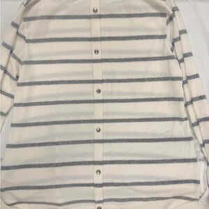Pink Clover Cream and Gray Striped Long Sleeve Top with button back detail.